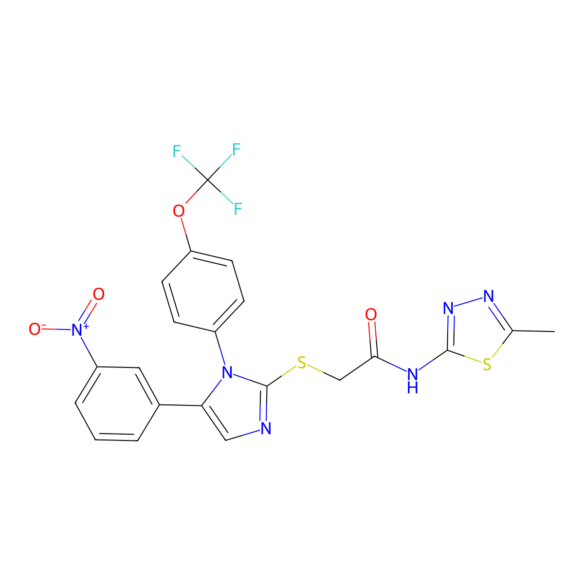 N-(5-methyl-1,3,4-thiadiazol-2-yl)-2-((5-(3-nitrophenyl)-1-(4-(trifluoromethoxy)phenyl)-1H-imidazol-2-yl)thio)acetamide molecular structure, CAS 1226453-31-1
