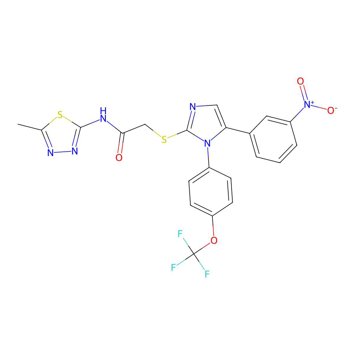 N-(5-methyl-1,3,4-thiadiazol-2-yl)-2-((5-(3-nitrophenyl)-1-(4-(trifluoromethoxy)phenyl)-1H-imidazol-2-yl)thio)acetamide molecular structure, CAS 1226453-31-1