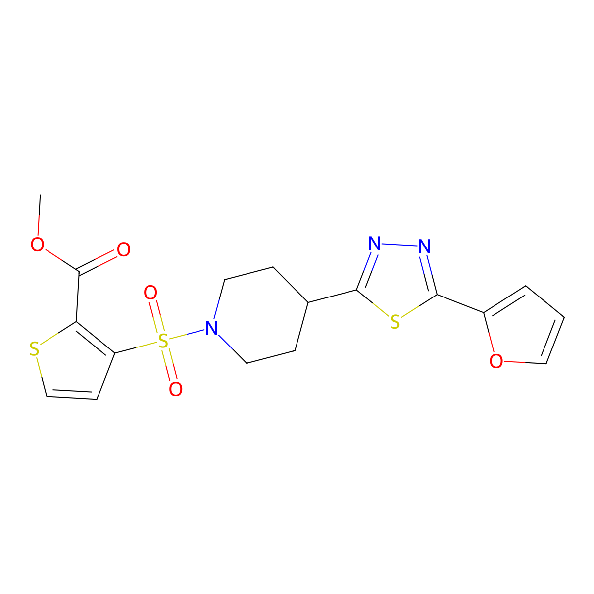 Methyl 3-({4-[5-(furan-2-yl)-1,3,4-thiadiazol-2-yl]piperidin-1-yl}sulfonyl)thiophene-2-carboxylate molecular structure, CAS 1226453-40-2