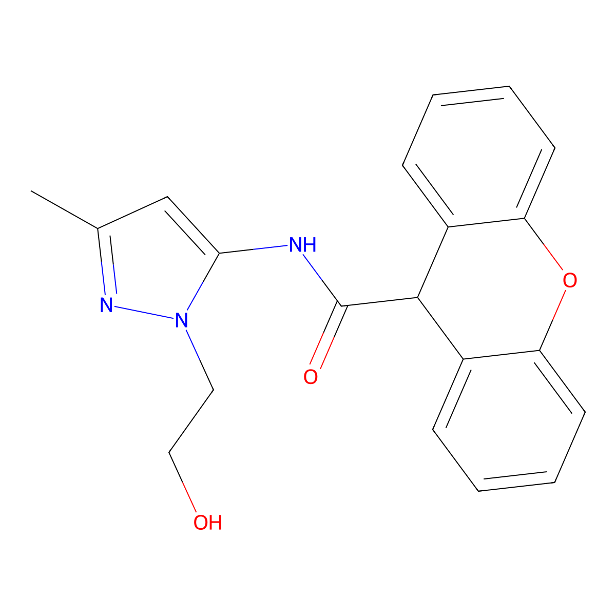 N-(1-(2-hydroxyethyl)-3-methyl-1H-pyrazol-5-yl)-9H-xanthene-9-carboxamide molecular structure, CAS 1226453-41-3