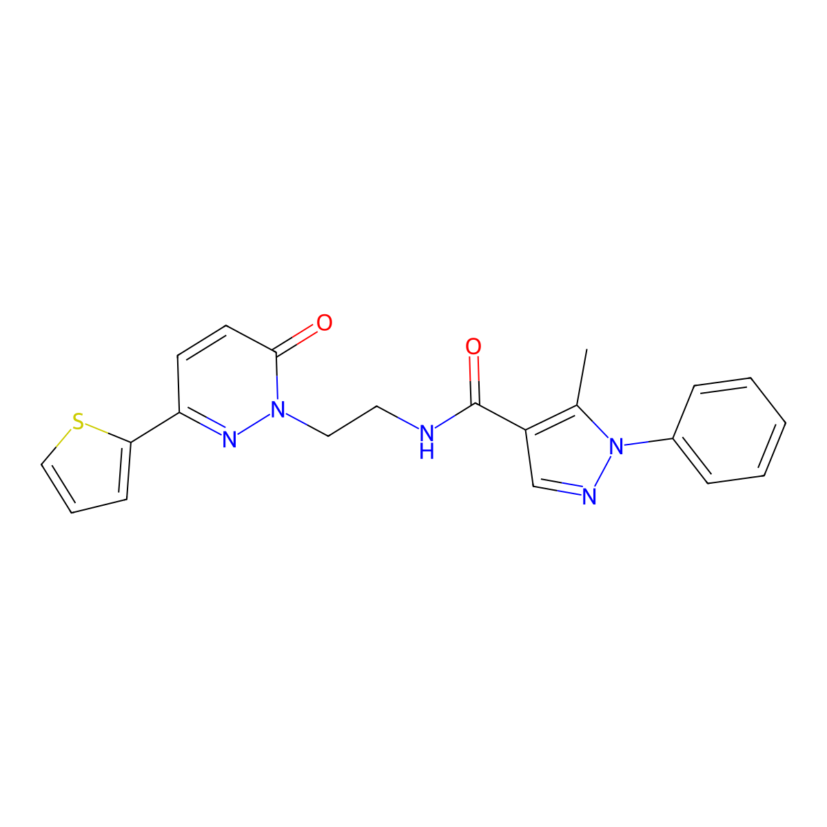 5-methyl-N-(2-(6-oxo-3-(thiophen-2-yl)pyridazin-1(6H)-yl)ethyl)-1-phenyl-1H-pyrazole-4-carboxamide molecular structure, CAS 1226453-43-5