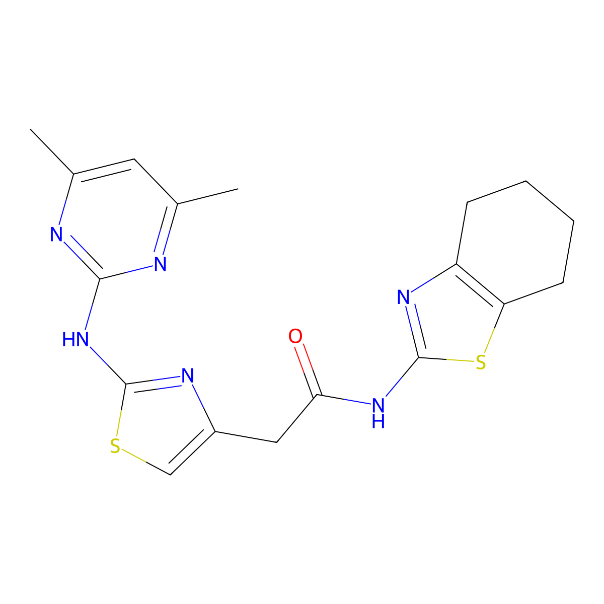2-(2-((4,6-dimethylpyrimidin-2-yl)amino)thiazol-4-yl)-N-(4,5,6,7-tetrahydrobenzo[d]thiazol-2-yl)acetamide molecular structure, CAS 1226453-45-7