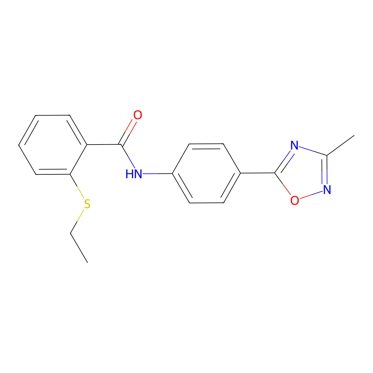 2-(ethylthio)-N-(4-(3-methyl-1,2,4-oxadiazol-5-yl)phenyl)benzamide molecular structure, CAS 1226453-48-0