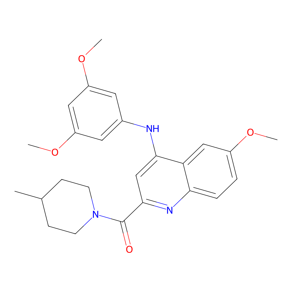(4-((3,5-Dimethoxyphenyl)amino)-6-methoxyquinolin-2-yl)(4-methylpiperidin-1-yl)methanone molecular structure, CAS 1226453-51-5