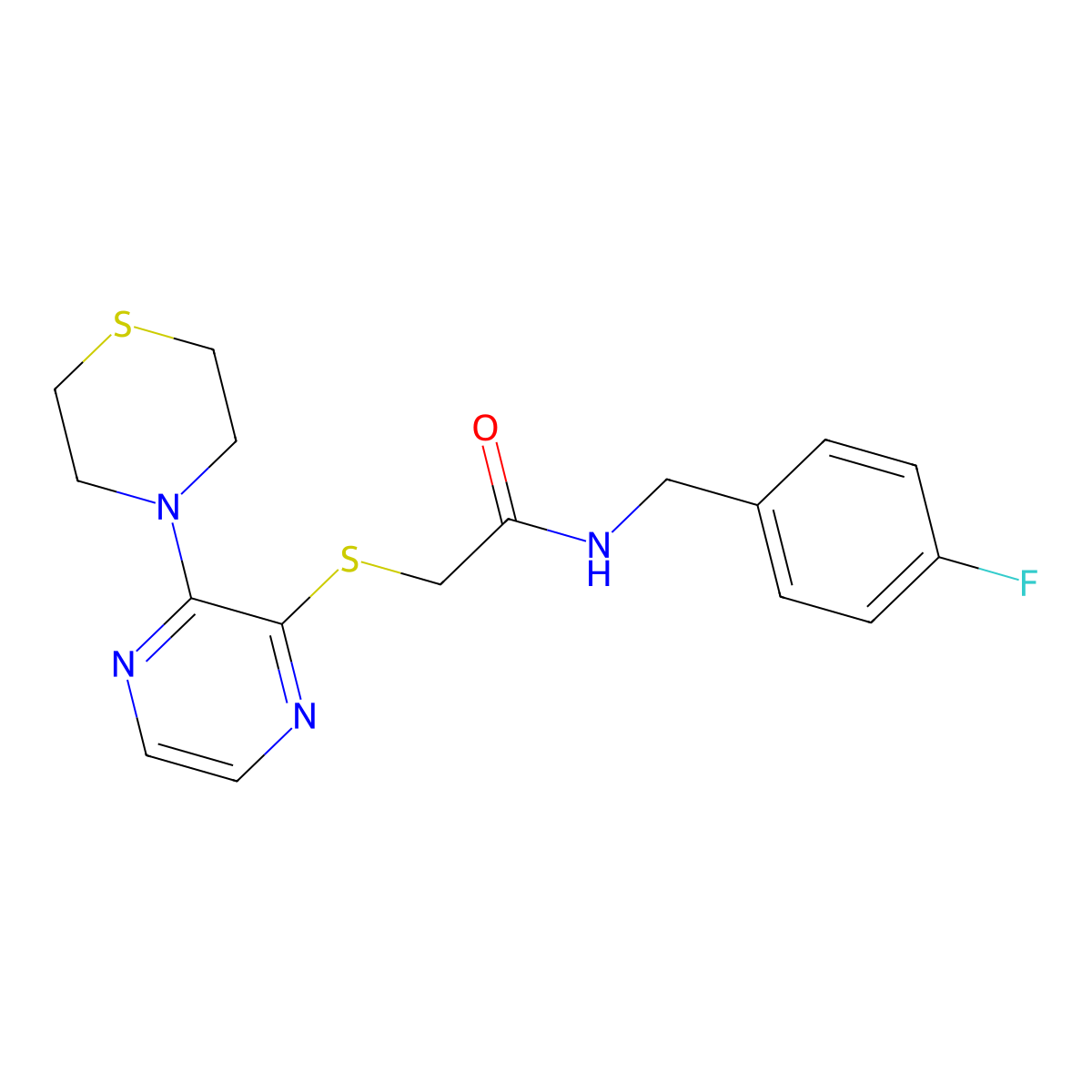 N-(4-fluorobenzyl)-2-((3-thiomorpholinopyrazin-2-yl)thio)acetamide molecular structure, CAS 1226453-55-9