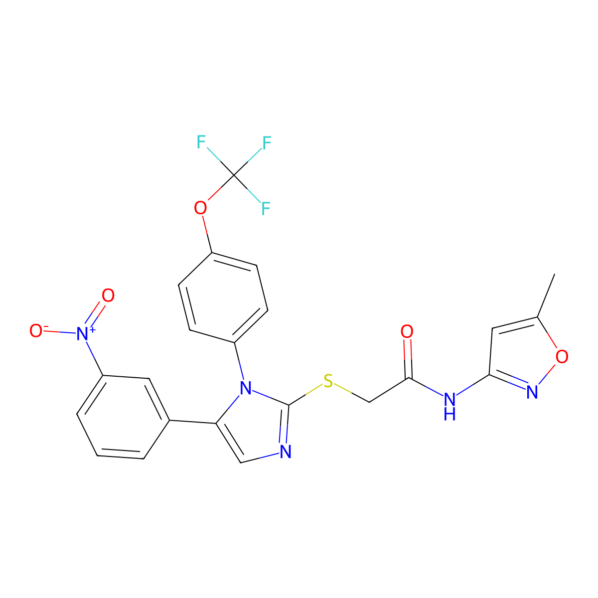 N-(5-methylisoxazol-3-yl)-2-((5-(3-nitrophenyl)-1-(4-(trifluoromethoxy)phenyl)-1H-imidazol-2-yl)thio)acetamide molecular structure, CAS 1226453-59-3