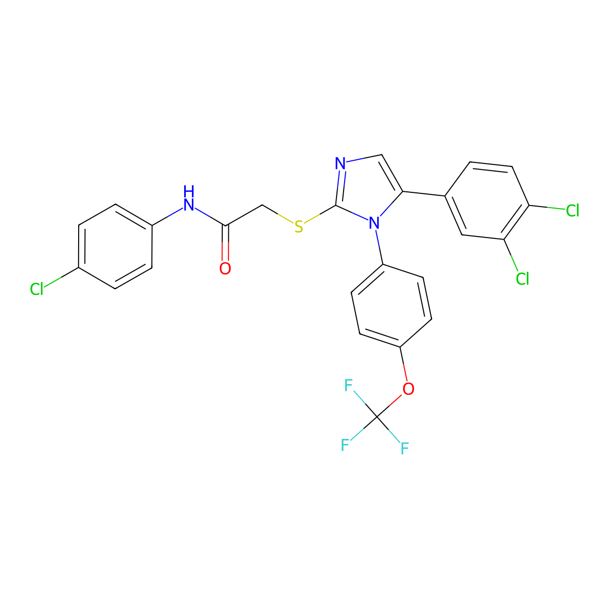 N-(4-chlorophenyl)-2-((5-(3,4-dichlorophenyl)-1-(4-(trifluoromethoxy)phenyl)-1H-imidazol-2-yl)thio)acetamide molecular structure, CAS 1226453-72-0