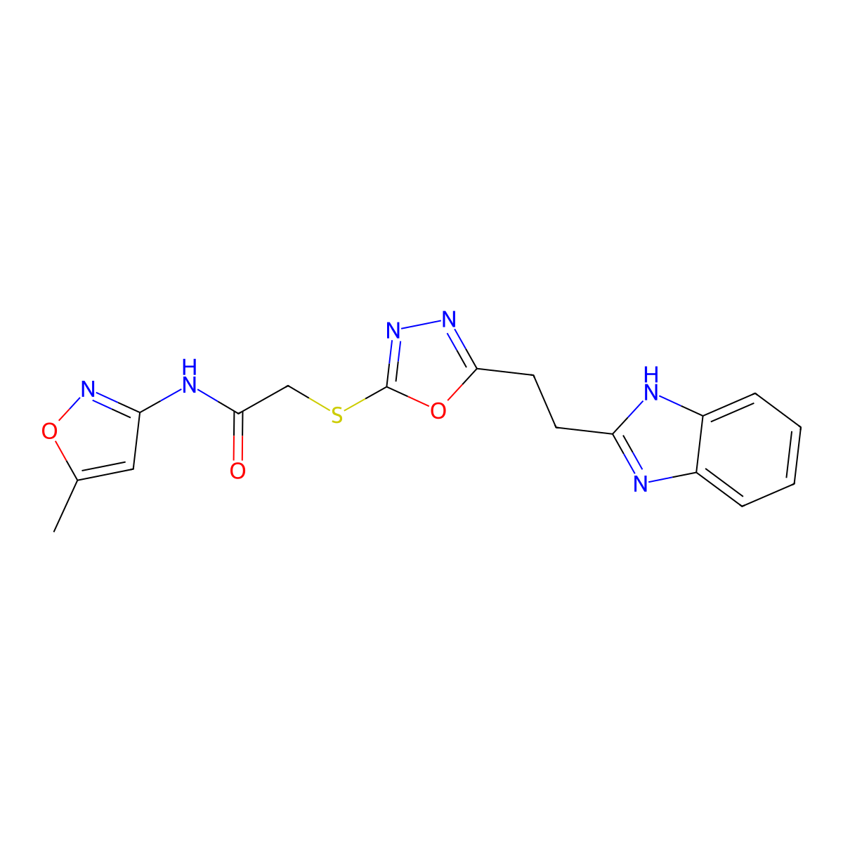 2-((5-(2-(1H-benzo[d]imidazol-2-yl)ethyl)-1,3,4-oxadiazol-2-yl)thio)-N-(5-methylisoxazol-3-yl)acetamide molecular structure, CAS 1226453-73-1