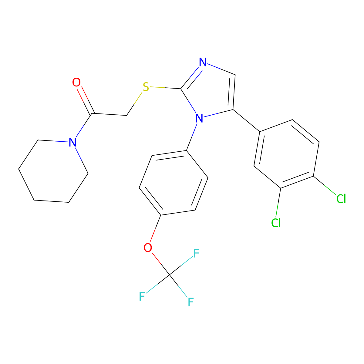 2-{[5-(3,4-dichlorophenyl)-1-[4-(trifluoromethoxy)phenyl]-1H-imidazol-2-yl]sulfanyl}-1-(piperidin-1-yl)ethan-1-one molecular structure, CAS 1226453-75-3