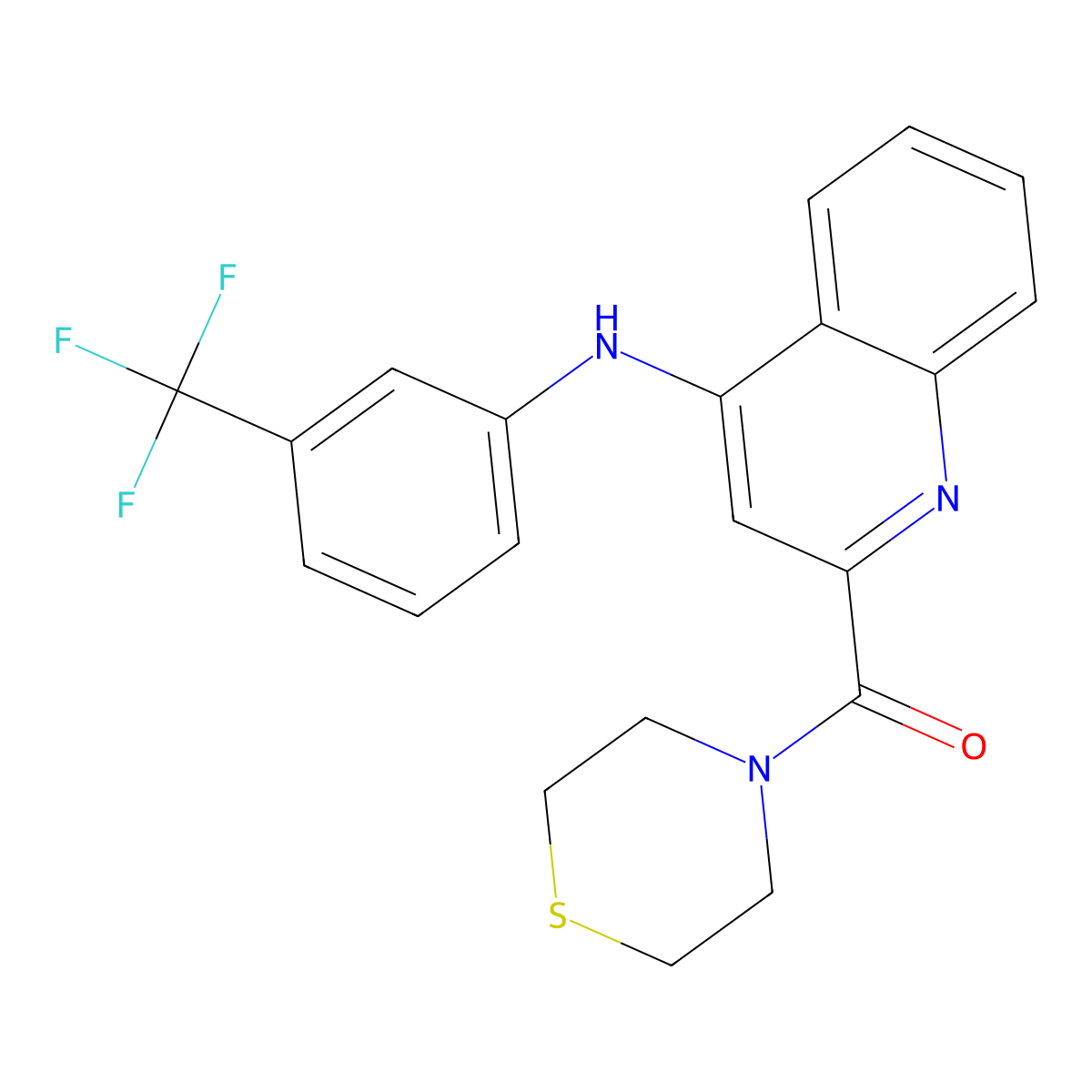 Thiomorpholino(4-((3-(trifluoromethyl)phenyl)amino)quinolin-2-yl)methanone molecular structure, CAS 1226453-76-4