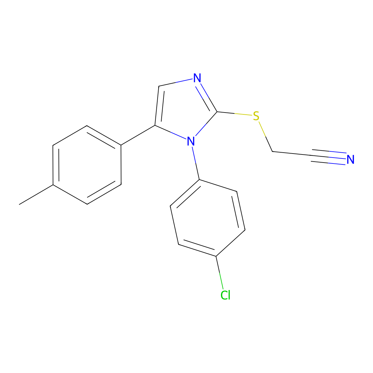 2-((1-(4-chlorophenyl)-5-(p-tolyl)-1H-imidazol-2-yl)thio)acetonitrile molecular structure, CAS 1226453-77-5