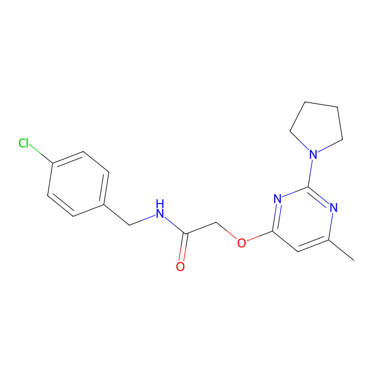 N-(4-chlorobenzyl)-2-((6-methyl-2-(pyrrolidin-1-yl)pyrimidin-4-yl)oxy)acetamide molecular structure, CAS 1226453-95-7