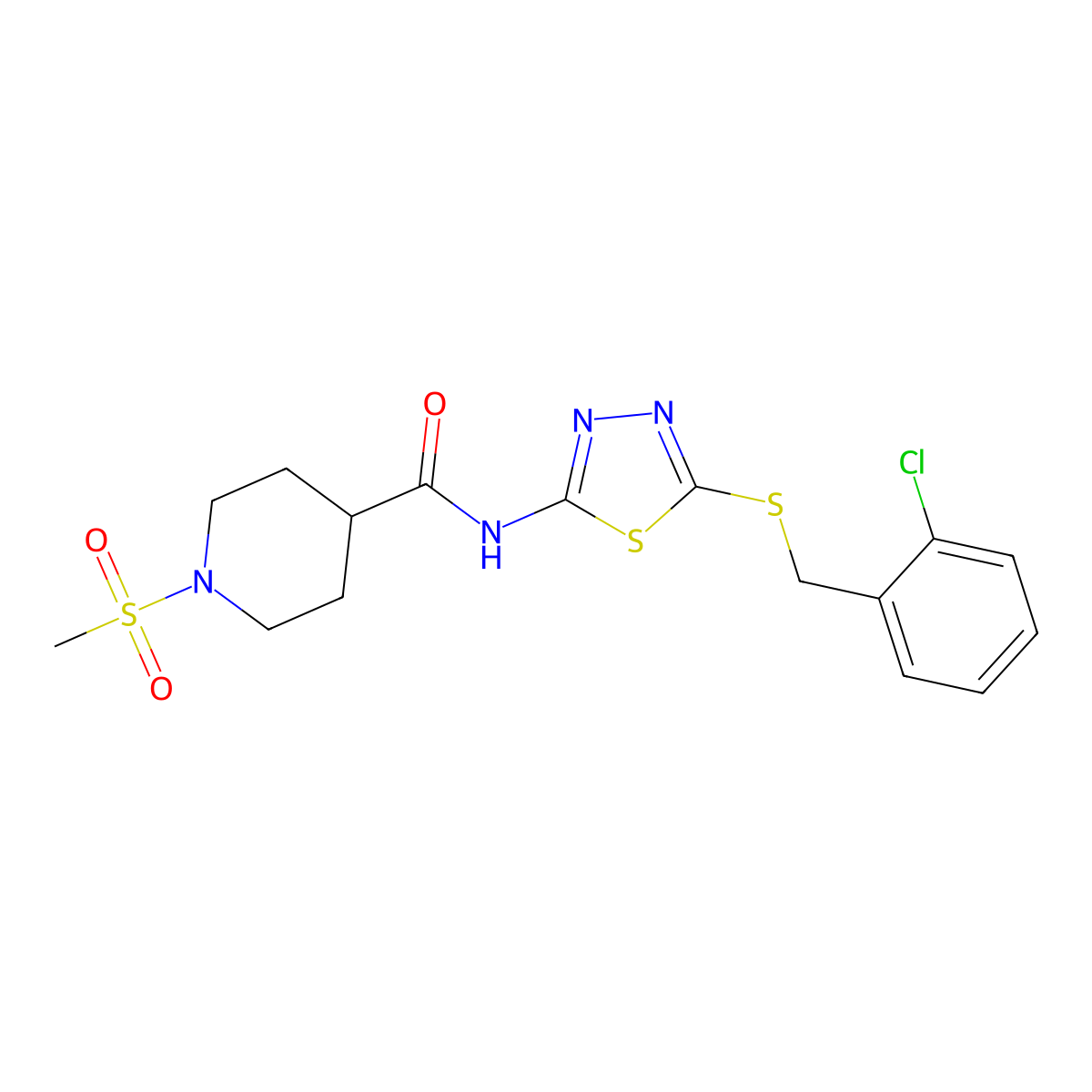 N-(5-((2-chlorobenzyl)thio)-1,3,4-thiadiazol-2-yl)-1-(methylsulfonyl)piperidine-4-carboxamide molecular structure, CAS 1226453-96-8