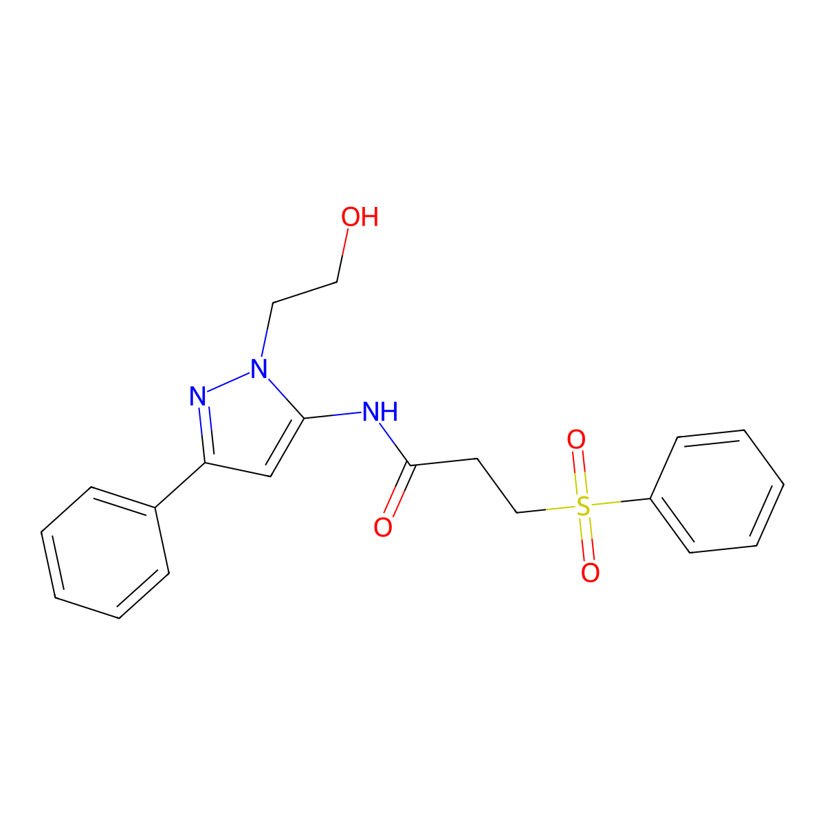 N-(1-(2-hydroxyethyl)-3-phenyl-1H-pyrazol-5-yl)-3-(phenylsulfonyl)propanamide molecular structure, CAS 1226454-02-9