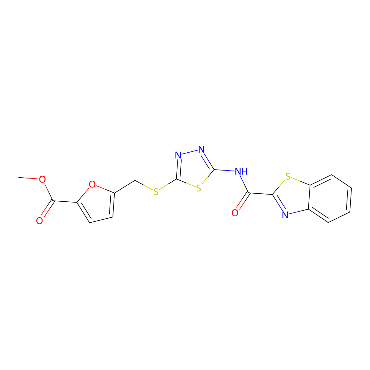 Methyl 5-(((5-(benzo[d]thiazole-2-carboxamido)-1,3,4-thiadiazol-2-yl)thio)methyl)furan-2-carboxylate molecular structure, CAS 1226454-03-0