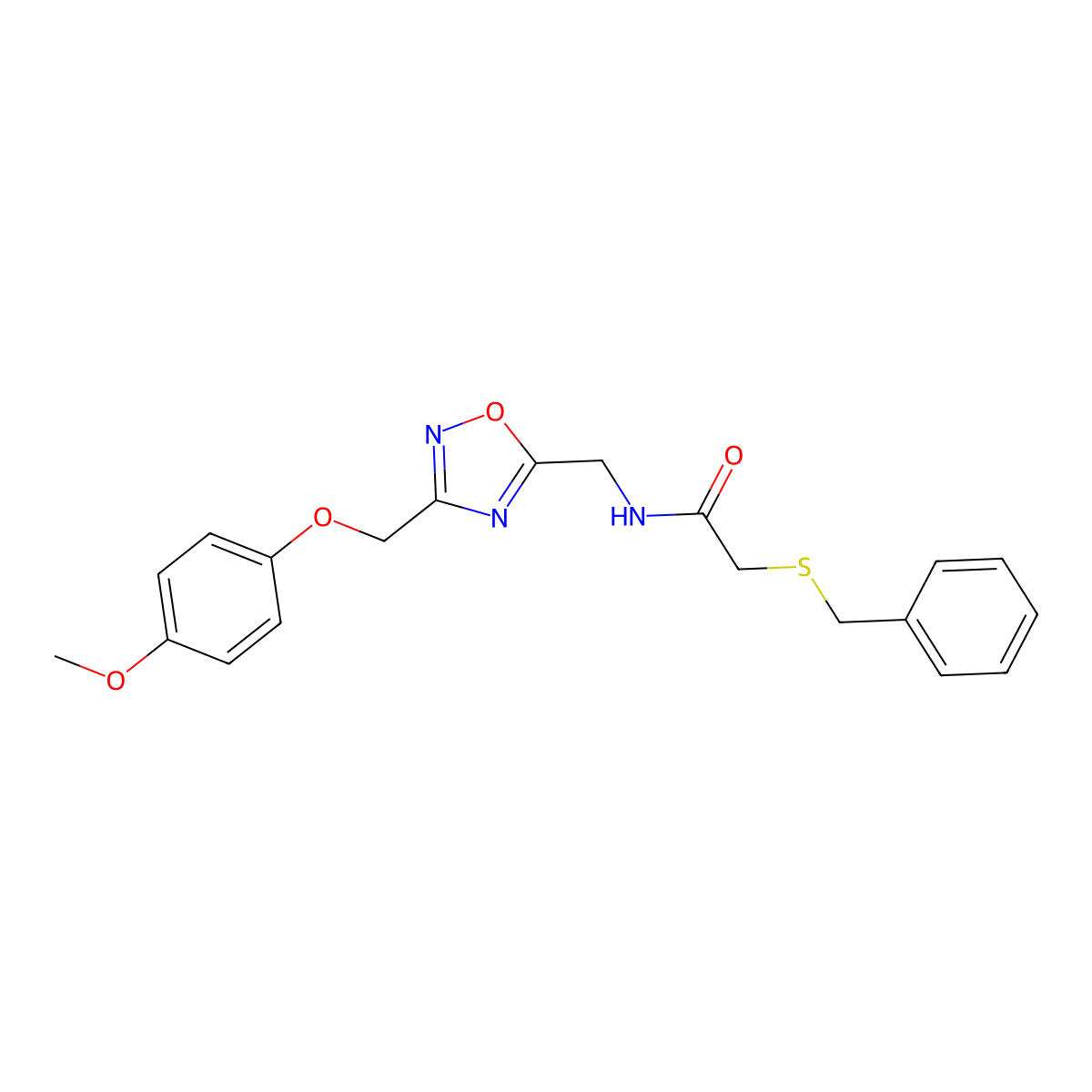 2-(benzylthio)-N-((3-((4-methoxyphenoxy)methyl)-1,2,4-oxadiazol-5-yl)methyl)acetamide molecular structure, CAS 1226454-16-5
