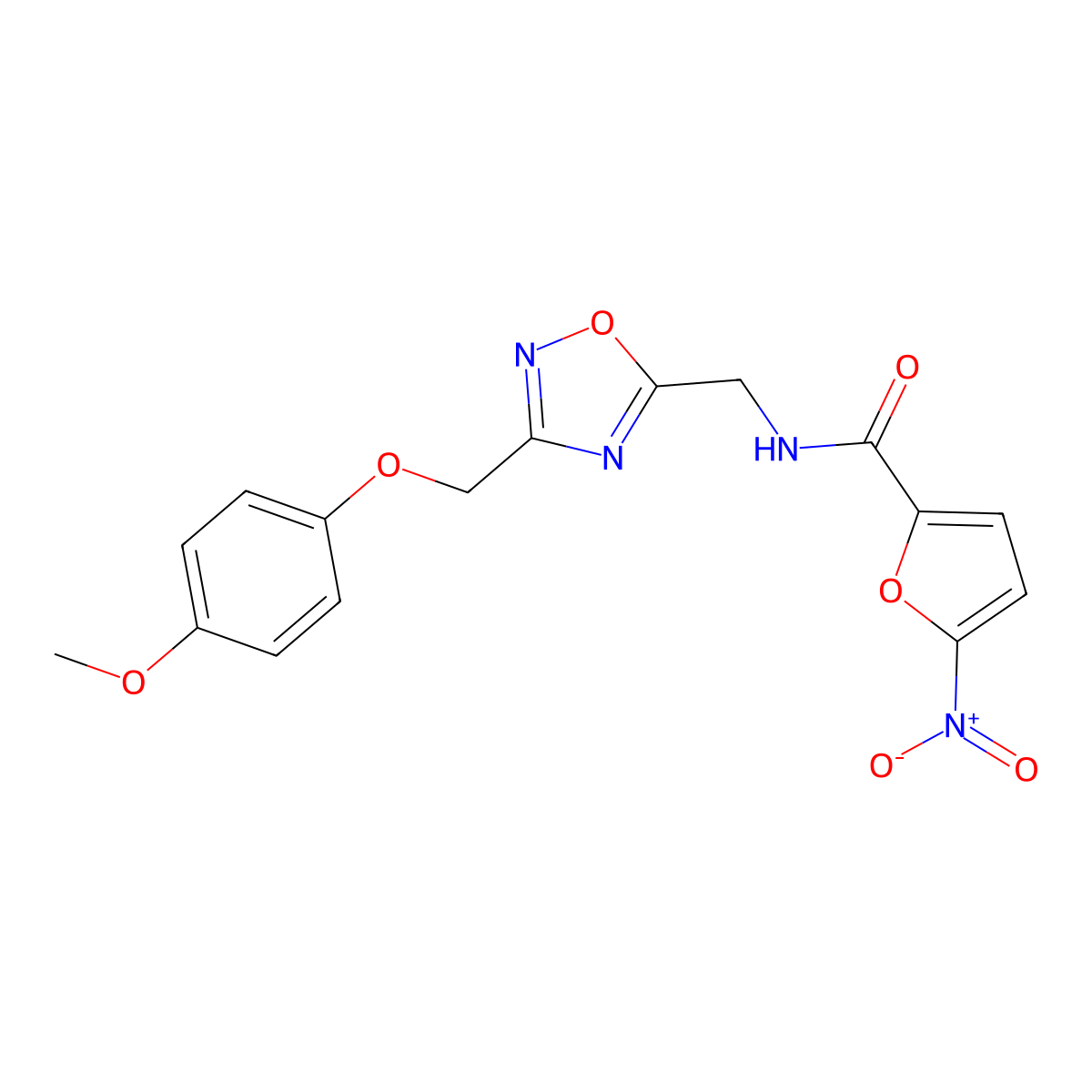 N-({3-[(4-methoxyphenoxy)methyl]-1,2,4-oxadiazol-5-yl}methyl)-5-nitrofuran-2-carboxamide molecular structure, CAS 1226454-21-2