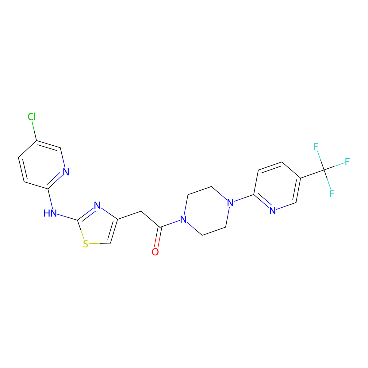 2-(2-((5-Chloropyridin-2-yl)amino)thiazol-4-yl)-1-(4-(5-(trifluoromethyl)pyridin-2-yl)piperazin-1-yl)ethanone molecular structure, CAS 1226454-28-9