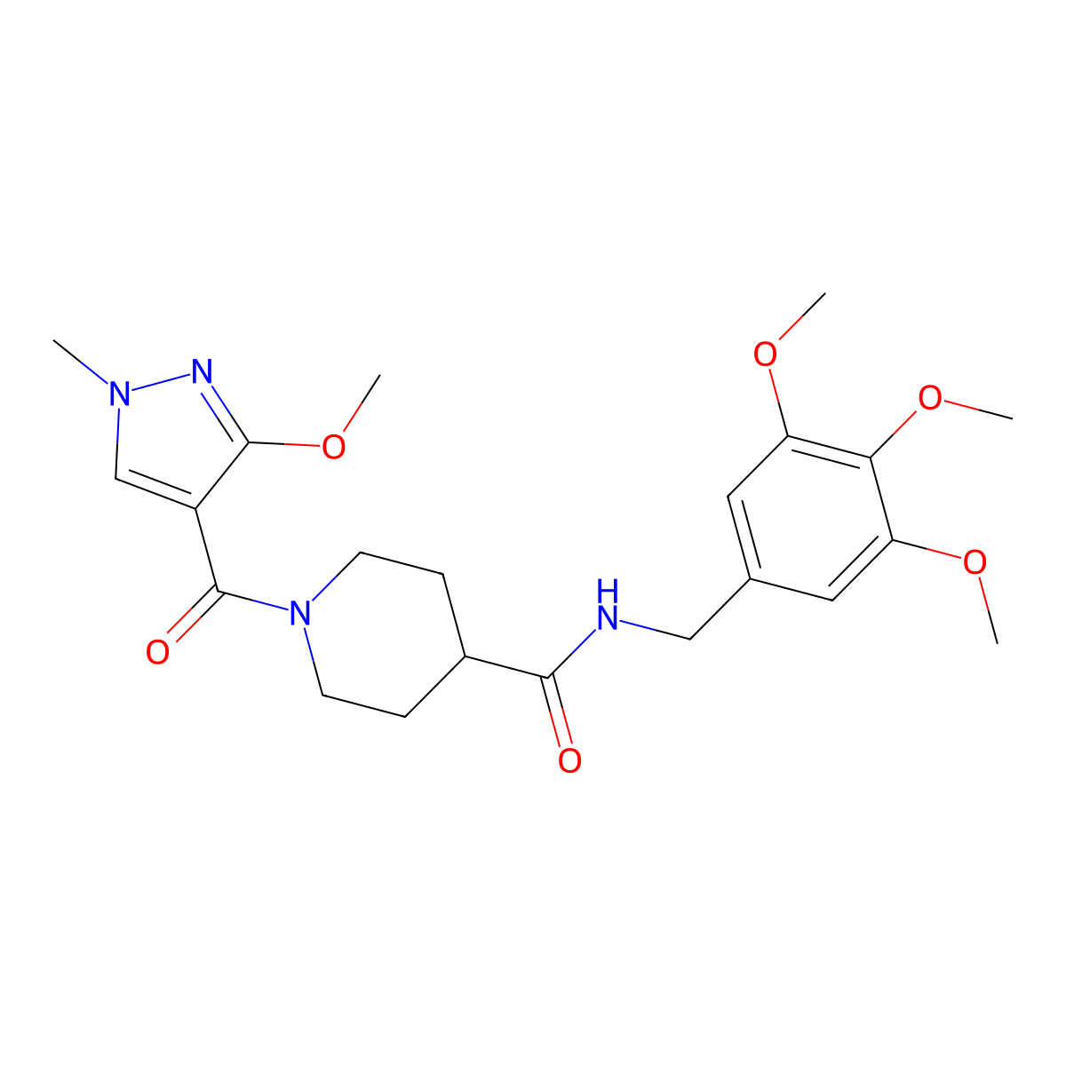 1-(3-methoxy-1-methyl-1H-pyrazole-4-carbonyl)-N-(3,4,5-trimethoxybenzyl)piperidine-4-carboxamide molecular structure, CAS 1226454-37-0