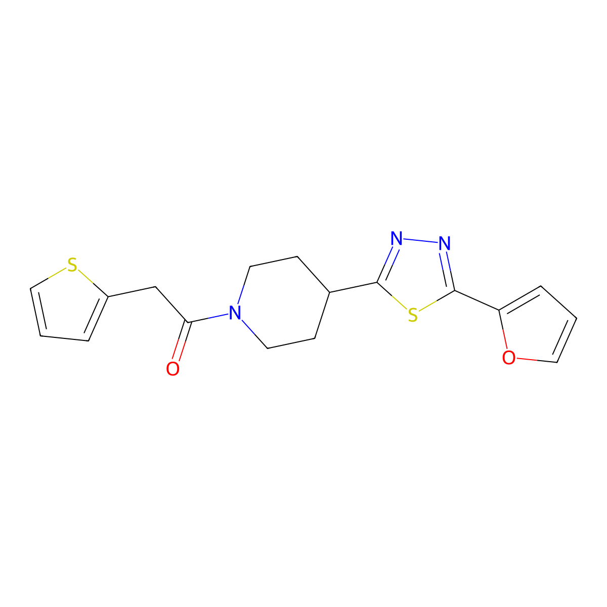 1-(4-(5-(Furan-2-yl)-1,3,4-thiadiazol-2-yl)piperidin-1-yl)-2-(thiophen-2-yl)ethanone molecular structure, CAS 1226454-42-7