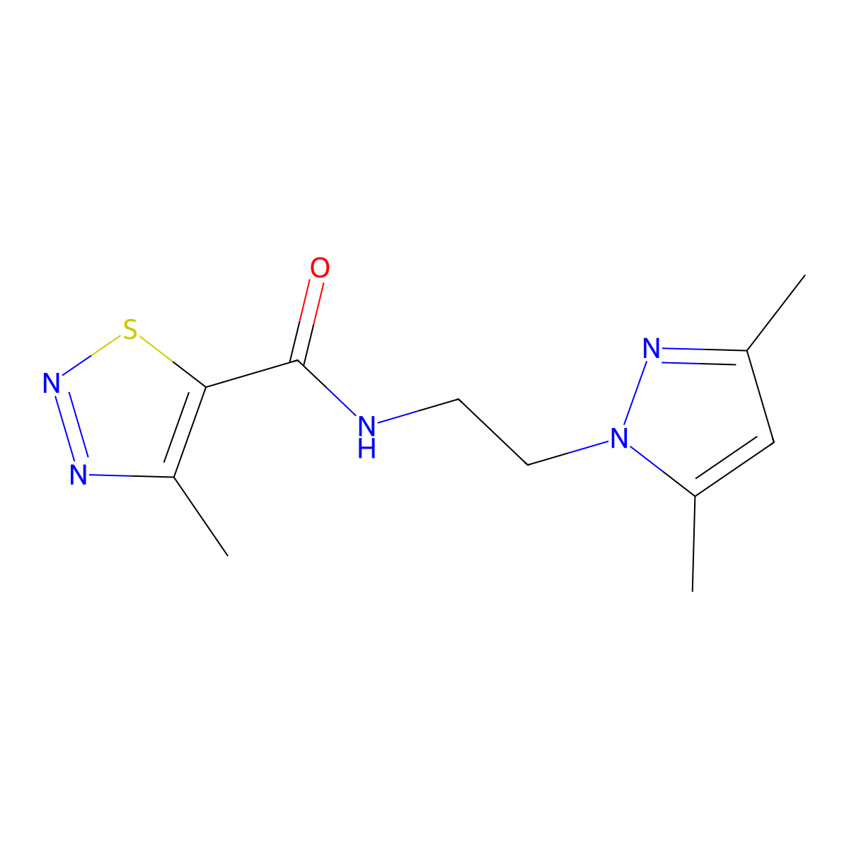 N-(2-(3,5-dimethyl-1H-pyrazol-1-yl)ethyl)-4-methyl-1,2,3-thiadiazole-5-carboxamide molecular structure, CAS 1226454-43-8