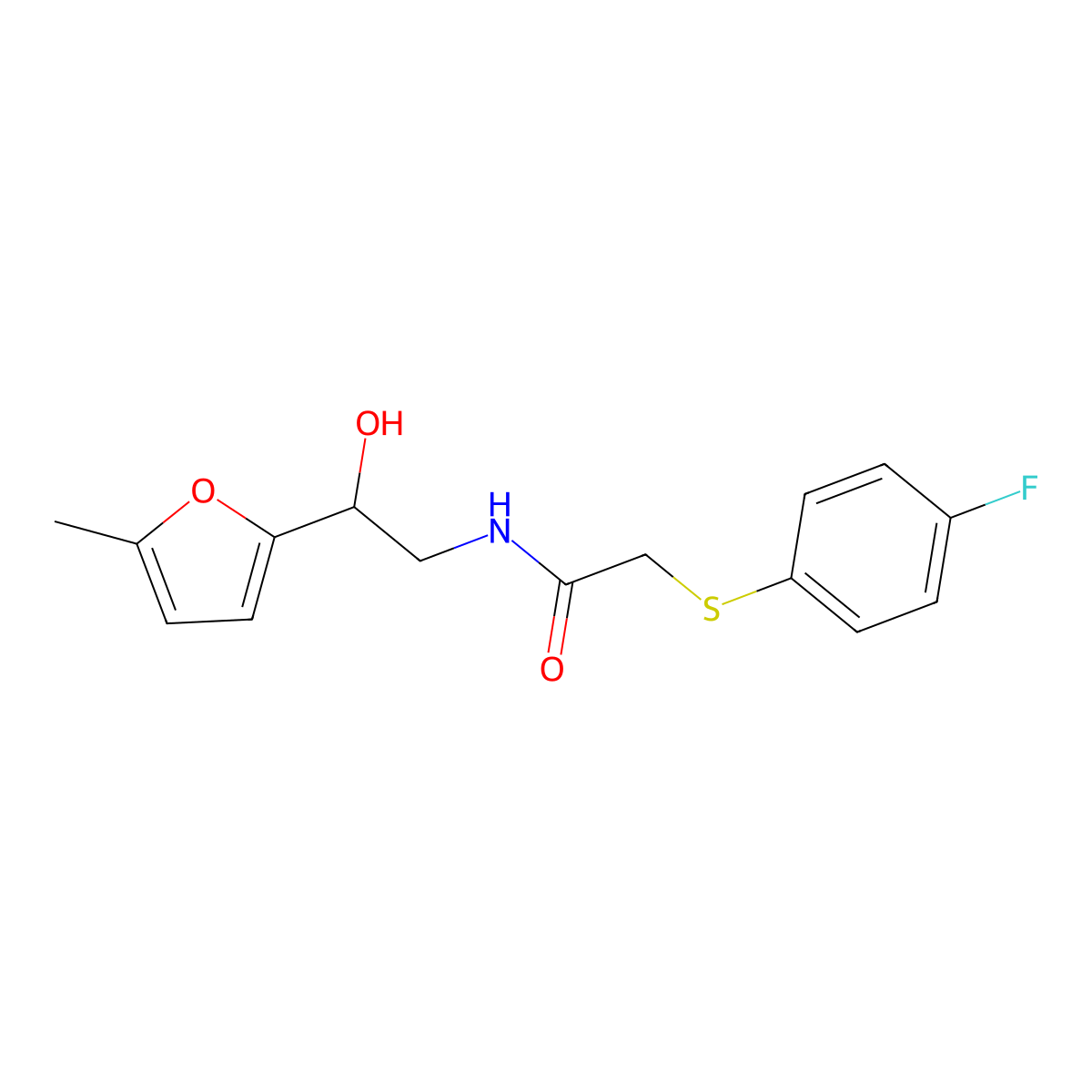 2-((4-fluorophenyl)thio)-N-(2-hydroxy-2-(5-methylfuran-2-yl)ethyl)acetamide molecular structure, CAS 1226454-59-6