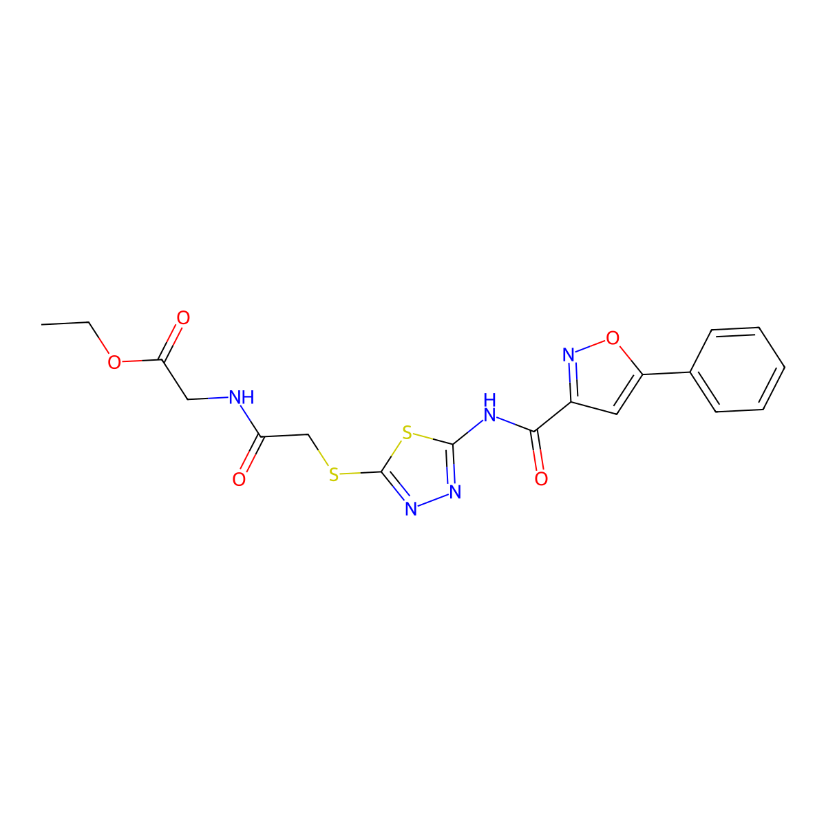 Ethyl 2-(2-((5-(5-phenylisoxazole-3-carboxamido)-1,3,4-thiadiazol-2-yl)thio)acetamido)acetate molecular structure, CAS 1226454-72-3