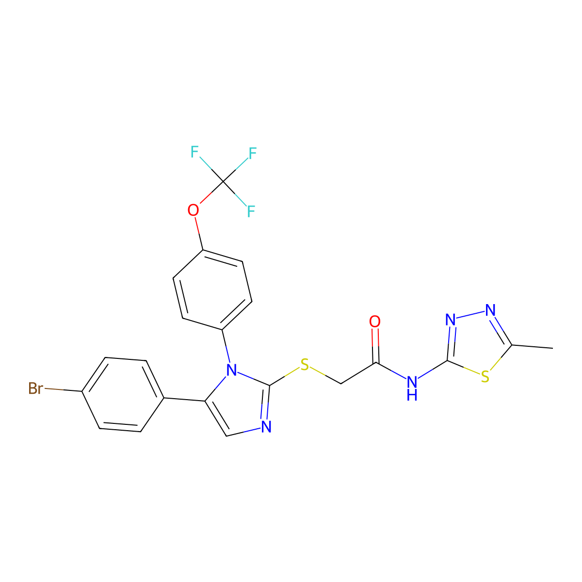 2-((5-(4-bromophenyl)-1-(4-(trifluoromethoxy)phenyl)-1H-imidazol-2-yl)thio)-N-(5-methyl-1,3,4-thiadiazol-2-yl)acetamide molecular structure, CAS 1226454-76-7