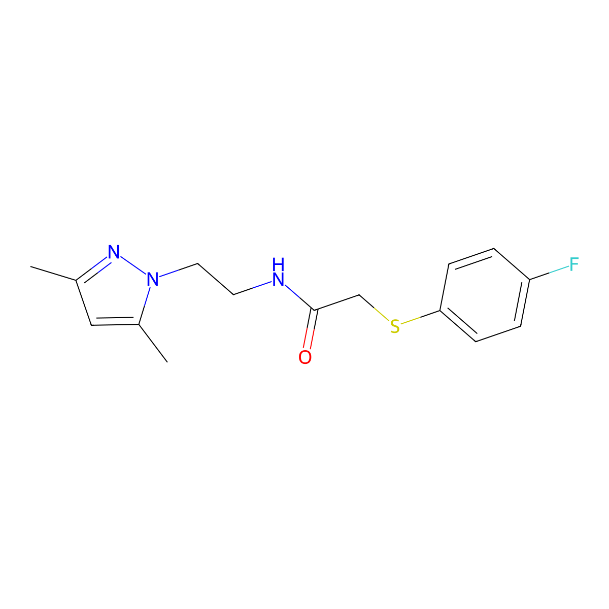 N-(2-(3,5-dimethyl-1H-pyrazol-1-yl)ethyl)-2-((4-fluorophenyl)thio)acetamide molecular structure, CAS 1226454-80-3