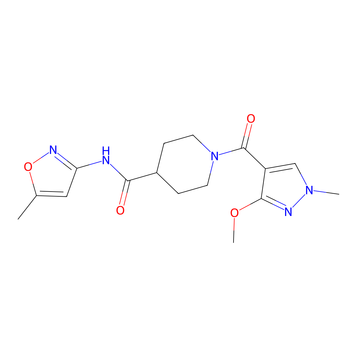 1-(3-methoxy-1-methyl-1H-pyrazole-4-carbonyl)-N-(5-methylisoxazol-3-yl)piperidine-4-carboxamide molecular structure, CAS 1226454-83-6