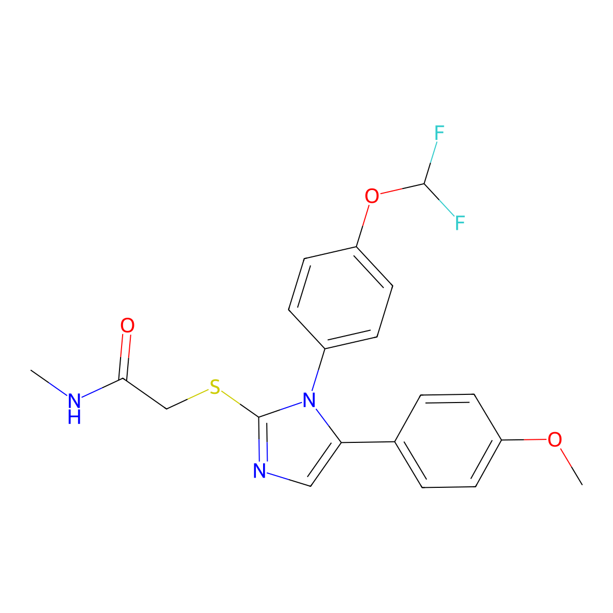 2-((1-(4-(difluoromethoxy)phenyl)-5-(4-methoxyphenyl)-1H-imidazol-2-yl)thio)-N-methylacetamide molecular structure, CAS 1226454-89-2