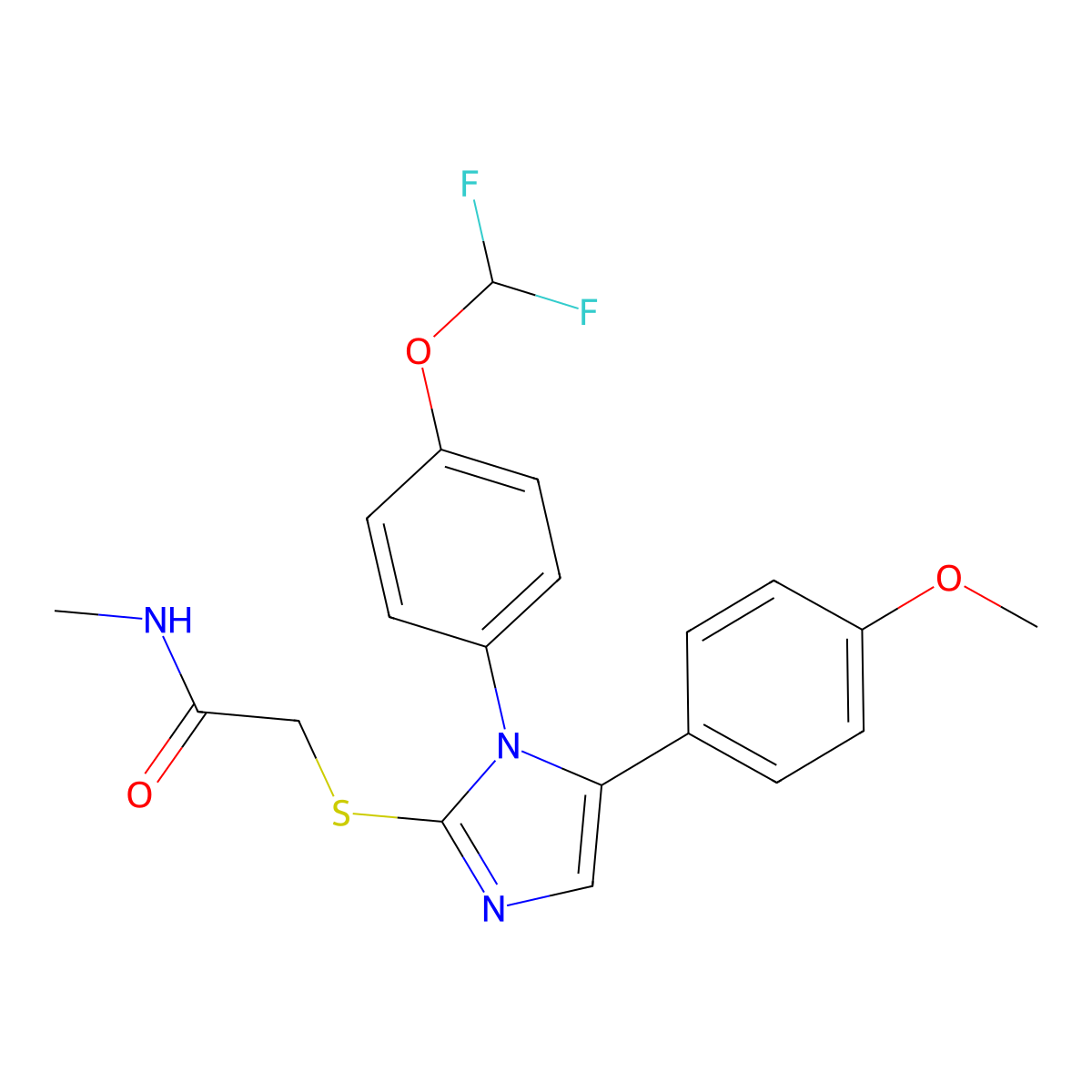2-((1-(4-(difluoromethoxy)phenyl)-5-(4-methoxyphenyl)-1H-imidazol-2-yl)thio)-N-methylacetamide molecular structure, CAS 1226454-89-2