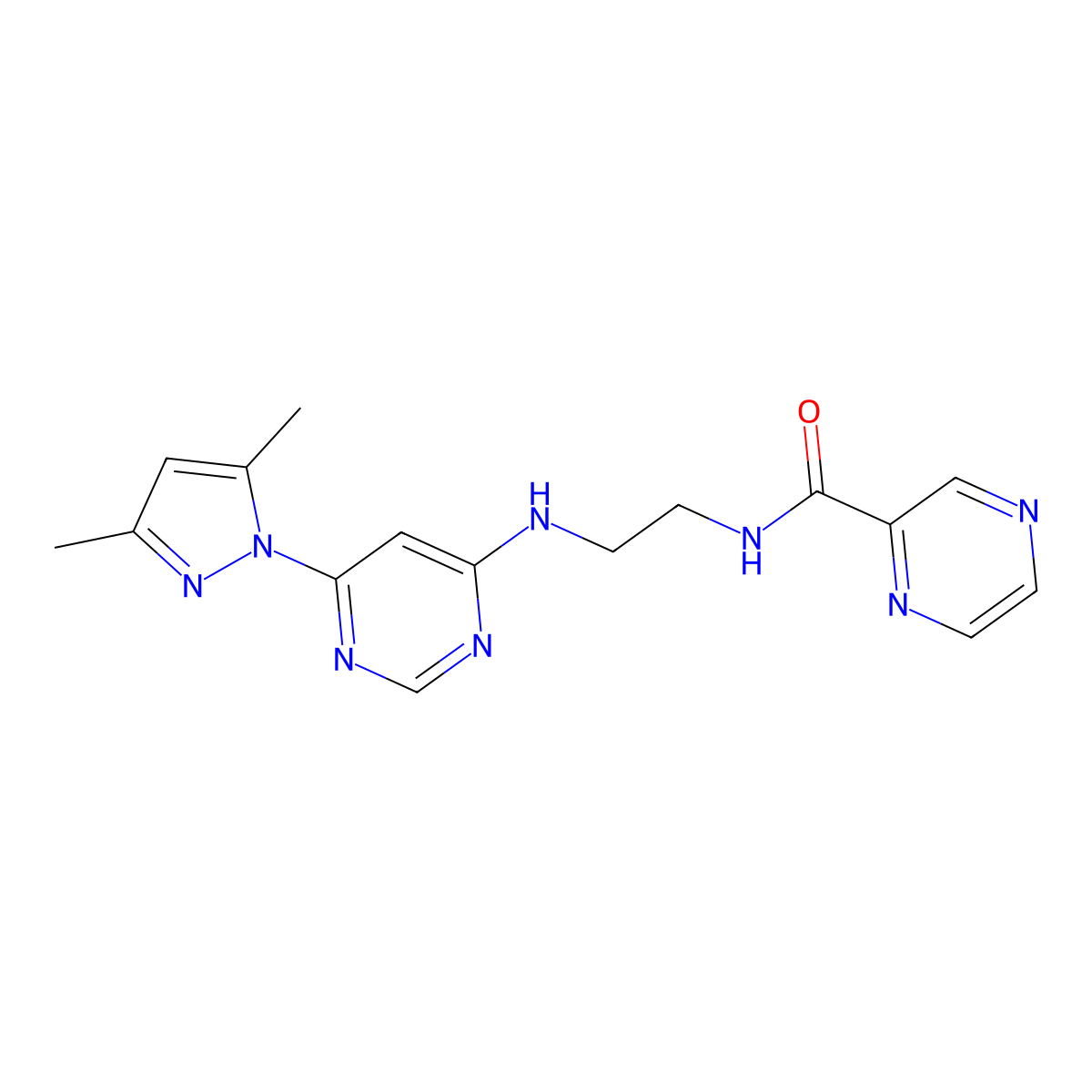 N-(2-{[6-(3,5-dimethyl-1H-pyrazol-1-yl)pyrimidin-4-yl]amino}ethyl)pyrazine-2-carboxamide molecular structure, CAS 1226455-02-2