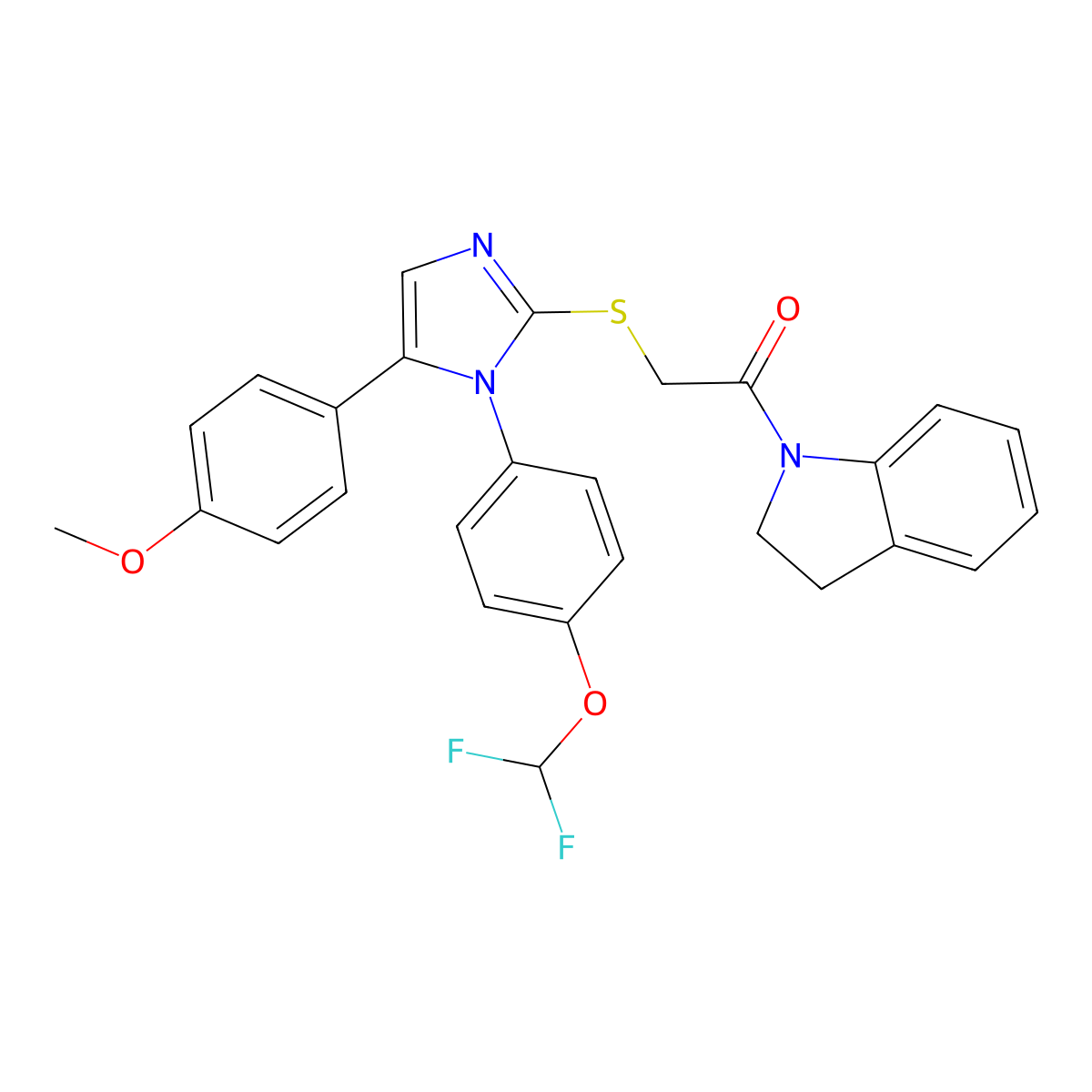 2-((1-(4-(difluoromethoxy)phenyl)-5-(4-methoxyphenyl)-1H-imidazol-2-yl)thio)-1-(indolin-1-yl)ethanone molecular structure, CAS 1226455-06-6