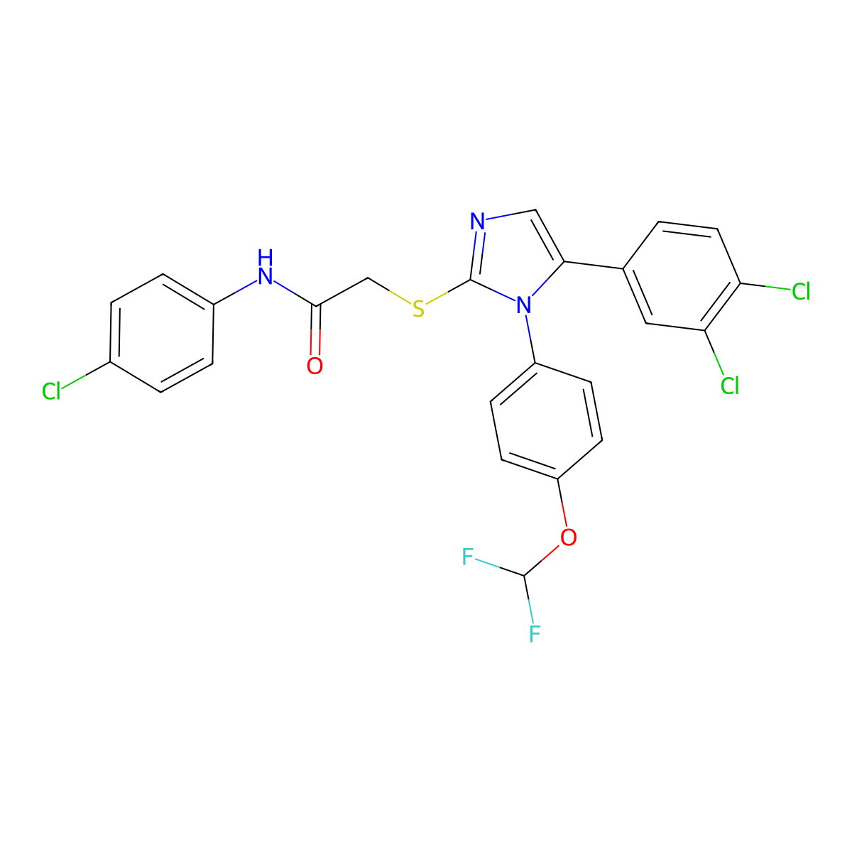 N-(4-chlorophenyl)-2-((5-(3,4-dichlorophenyl)-1-(4-(difluoromethoxy)phenyl)-1H-imidazol-2-yl)thio)acetamide molecular structure, CAS 1226455-08-8