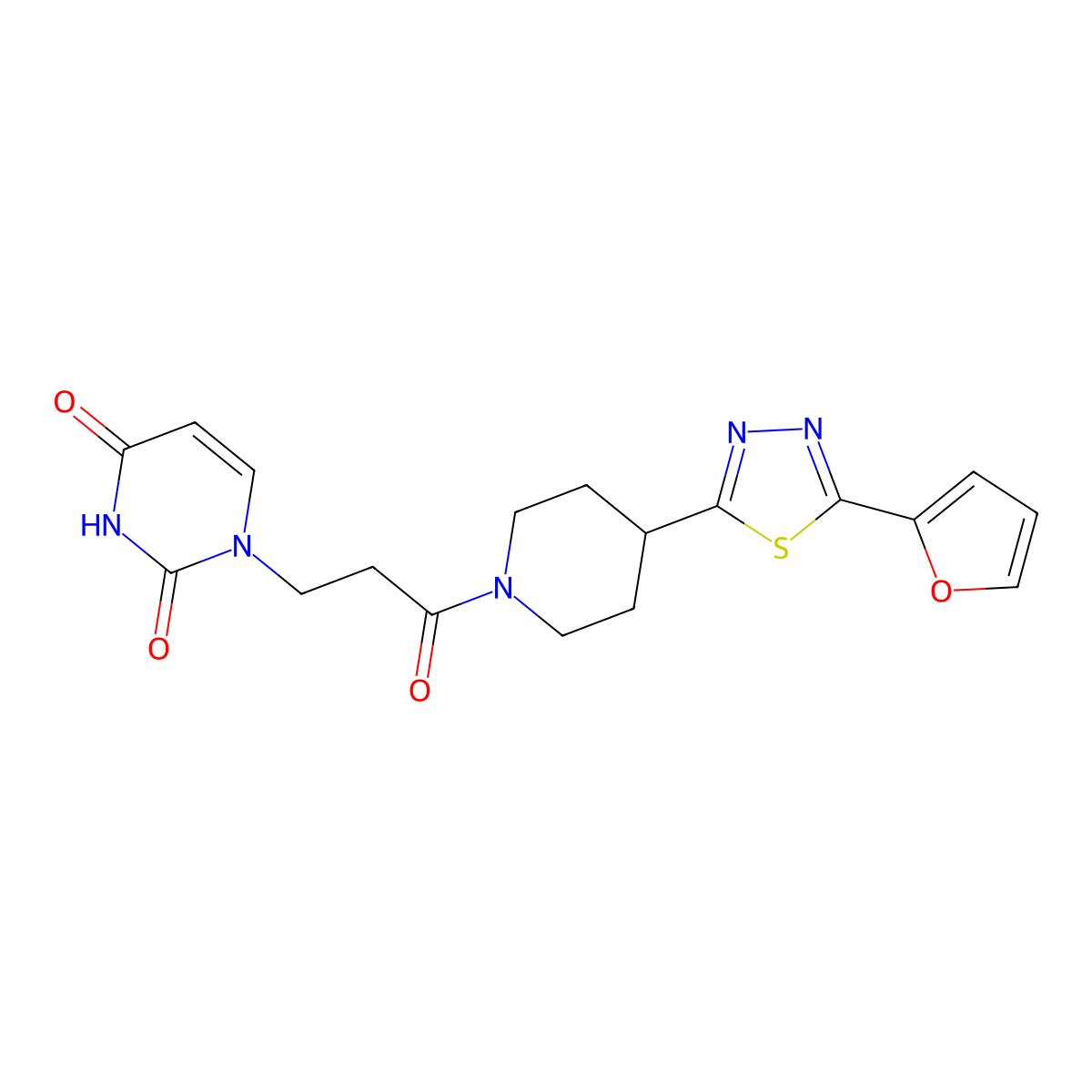 1-(3-(4-(5-(furan-2-yl)-1,3,4-thiadiazol-2-yl)piperidin-1-yl)-3-oxopropyl)pyrimidine-2,4(1H,3H)-dione molecular structure, CAS 1226455-09-9
