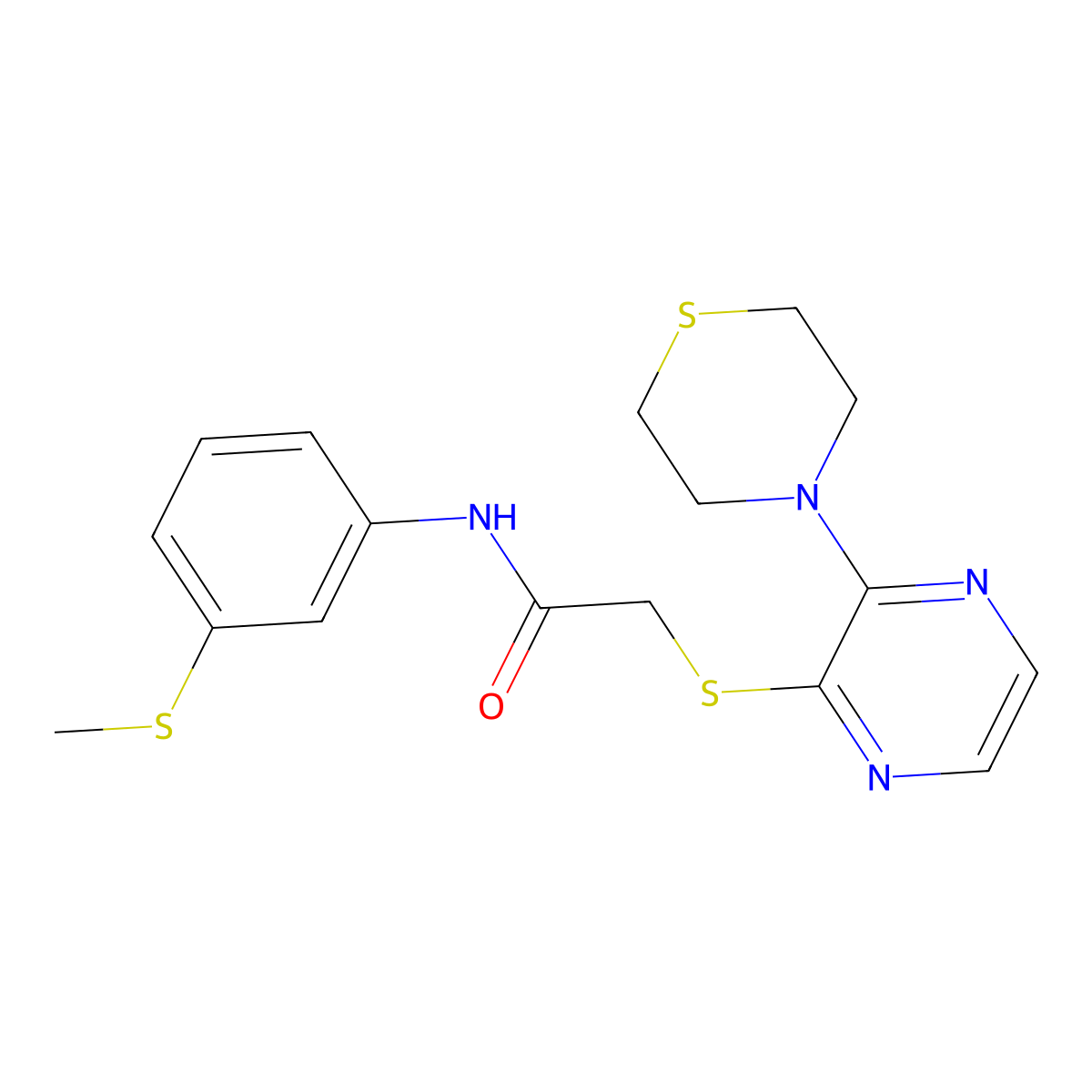 N-(3-(methylthio)phenyl)-2-((3-thiomorpholinopyrazin-2-yl)thio)acetamide molecular structure, CAS 1226455-21-5