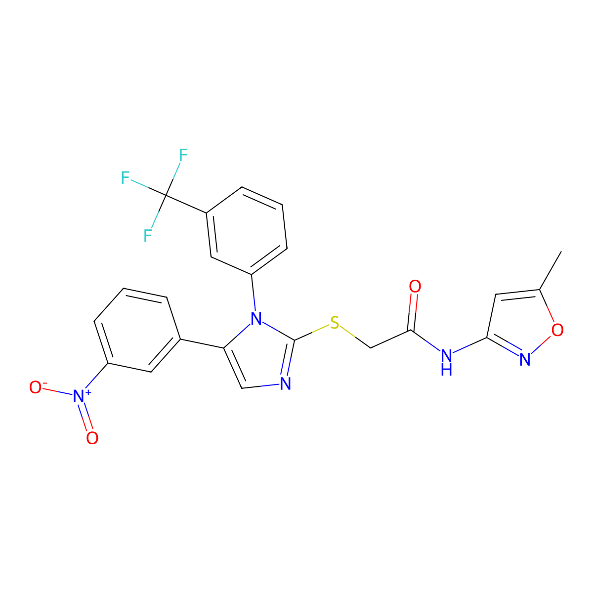 N-(5-methylisoxazol-3-yl)-2-((5-(3-nitrophenyl)-1-(3-(trifluoromethyl)phenyl)-1H-imidazol-2-yl)thio)acetamide molecular structure, CAS 1226455-33-9