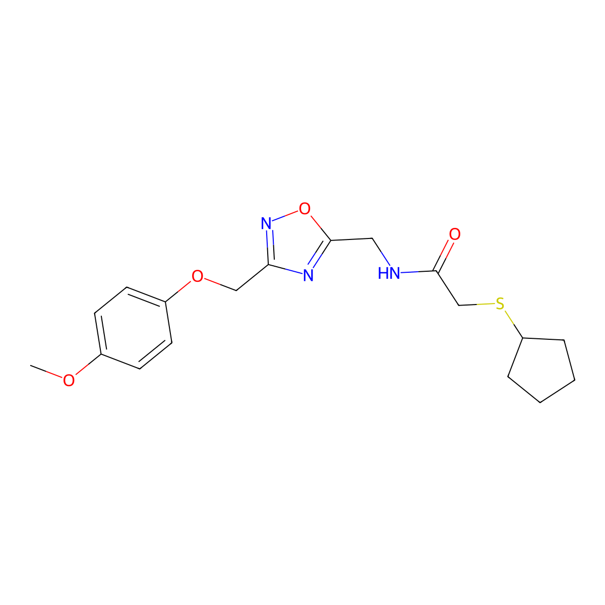 2-(cyclopentylthio)-N-((3-((4-methoxyphenoxy)methyl)-1,2,4-oxadiazol-5-yl)methyl)acetamide molecular structure, CAS 1226455-36-2