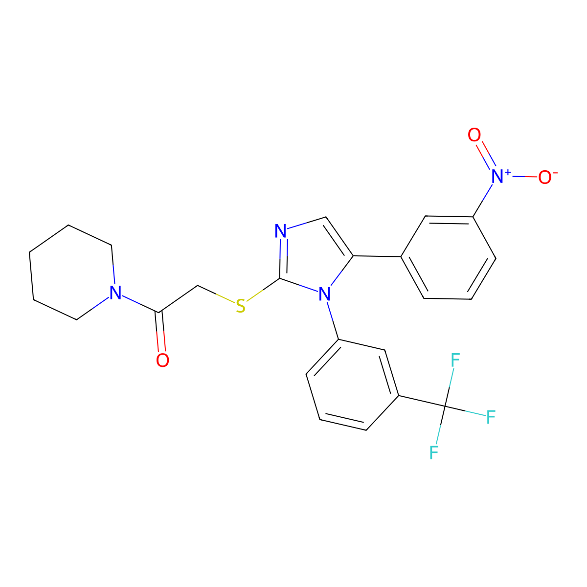 2-((5-(3-nitrophenyl)-1-(3-(trifluoromethyl)phenyl)-1H-imidazol-2-yl)thio)-1-(piperidin-1-yl)ethanone molecular structure, CAS 1226455-38-4