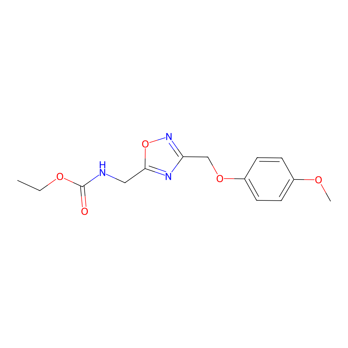 Ethyl ((3-((4-methoxyphenoxy)methyl)-1,2,4-oxadiazol-5-yl)methyl)carbamate molecular structure, CAS 1226455-47-5