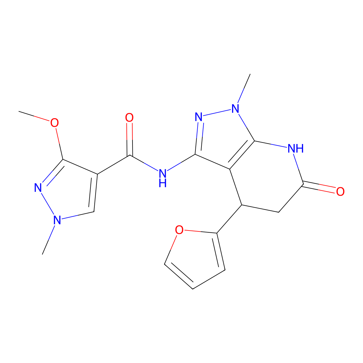 N-(4-(furan-2-yl)-1-methyl-6-oxo-4,5,6,7-tetrahydro-1H-pyrazolo[3,4-b]pyridin-3-yl)-3-methoxy-1-methyl-1H-pyrazole-4-carboxamide molecular structure, CAS 1226455-51-1