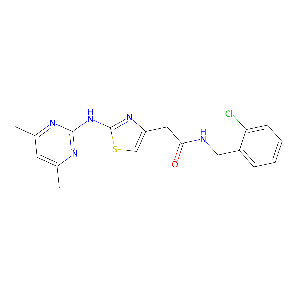N-(2-chlorobenzyl)-2-(2-((4,6-dimethylpyrimidin-2-yl)amino)thiazol-4-yl)acetamide molecular structure, CAS 1226455-52-2