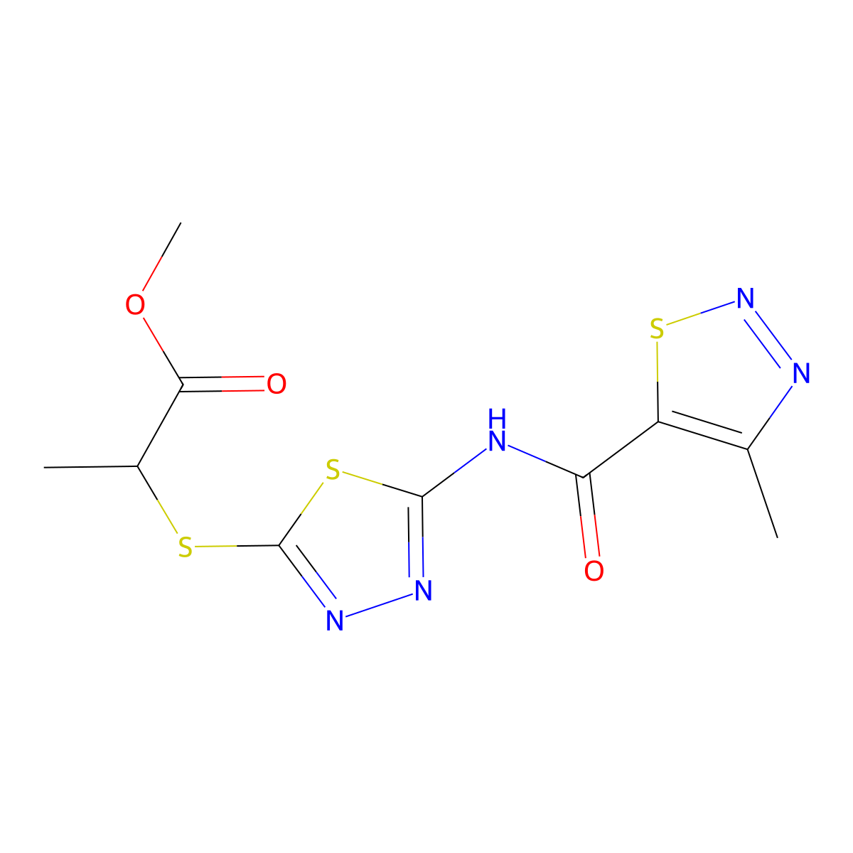 Methyl 2-((5-(4-methyl-1,2,3-thiadiazole-5-carboxamido)-1,3,4-thiadiazol-2-yl)thio)propanoate molecular structure, CAS 1226455-62-4