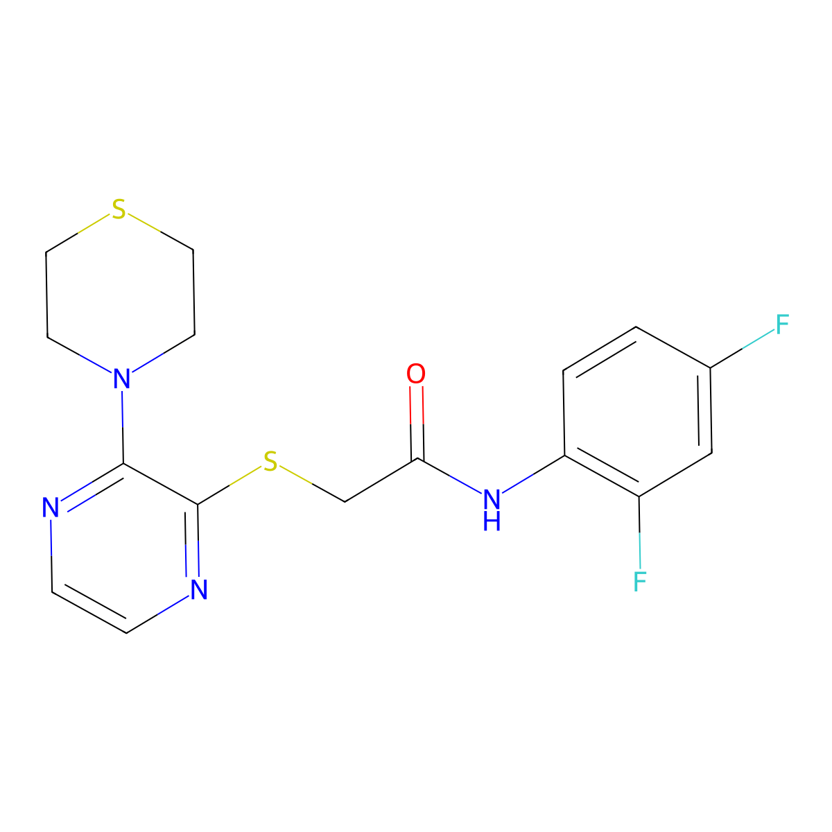 N-(2,4-difluorophenyl)-2-((3-thiomorpholinopyrazin-2-yl)thio)acetamide molecular structure, CAS 1226455-68-0