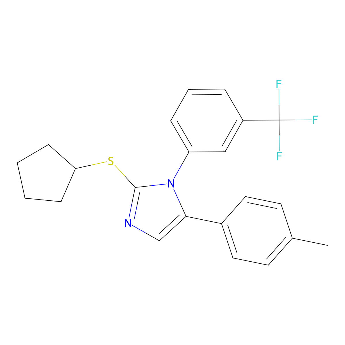 2-(cyclopentylthio)-5-(p-tolyl)-1-(3-(trifluoromethyl)phenyl)-1H-imidazole molecular structure, CAS 1226455-70-4