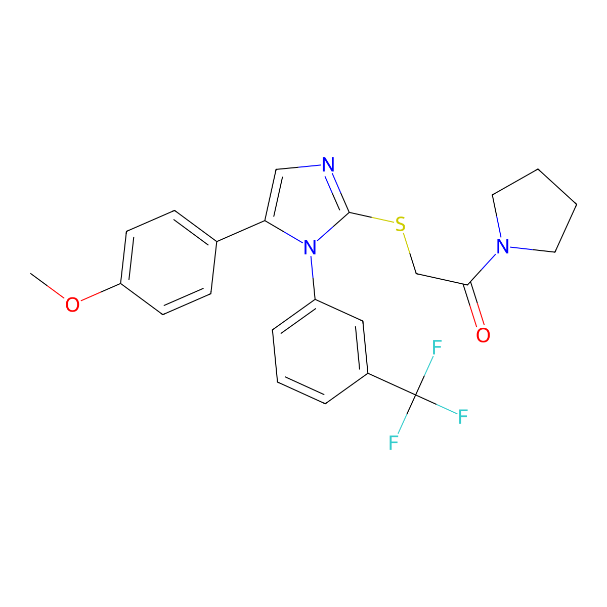 2-((5-(4-methoxyphenyl)-1-(3-(trifluoromethyl)phenyl)-1H-imidazol-2-yl)thio)-1-(pyrrolidin-1-yl)ethanone molecular structure, CAS 1226455-77-1