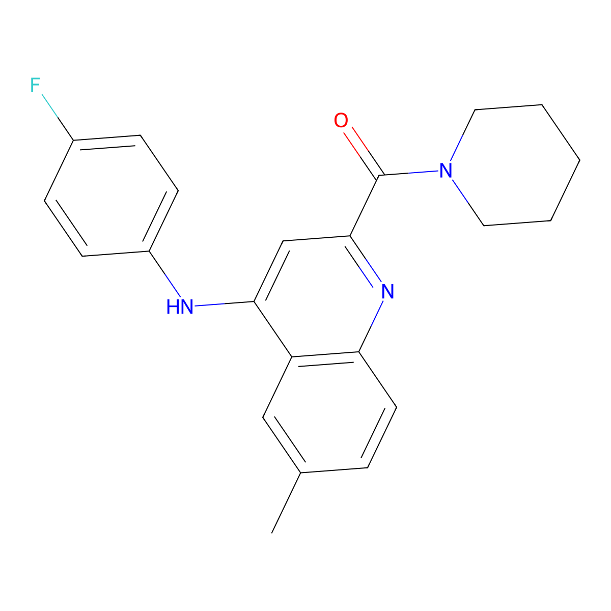 (4-((4-Fluorophenyl)amino)-6-methylquinolin-2-yl)(piperidin-1-yl)methanone molecular structure, CAS 1226455-79-3