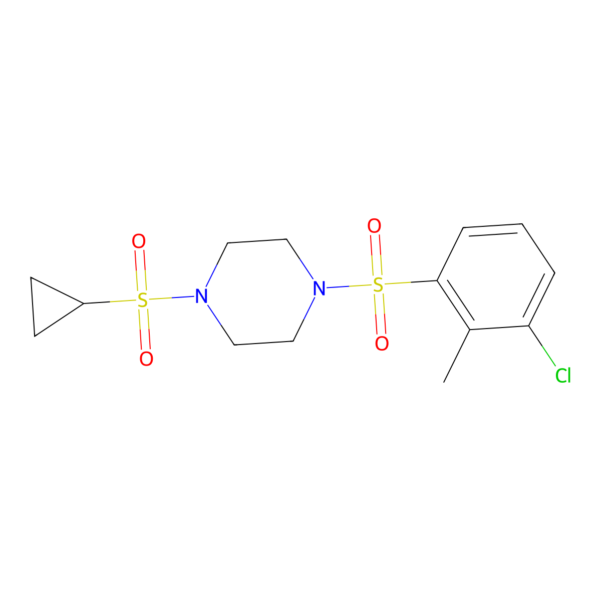 1-((3-Chloro-2-methylphenyl)sulfonyl)-4-(cyclopropylsulfonyl)piperazine molecular structure, CAS 1226455-82-8