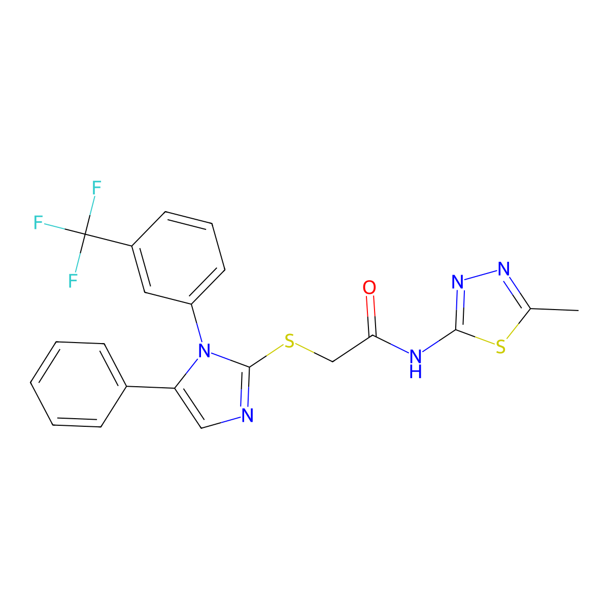 N-(5-methyl-1,3,4-thiadiazol-2-yl)-2-((5-phenyl-1-(3-(trifluoromethyl)phenyl)-1H-imidazol-2-yl)thio)acetamide molecular structure, CAS 1226455-98-6